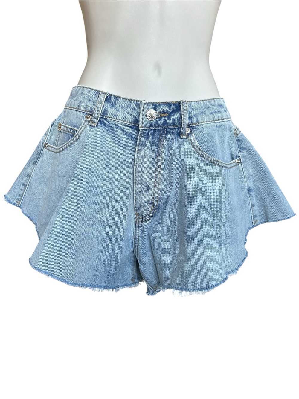 Edikted Light Blue Denim Flare Hem Shorts